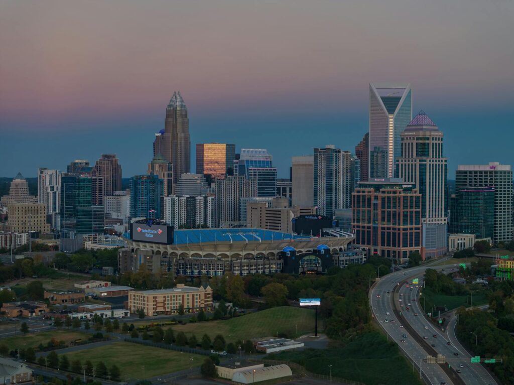 Cityscape with Skyscrapers and Bank of America Stadium in Charlotte, North Carolina, USA