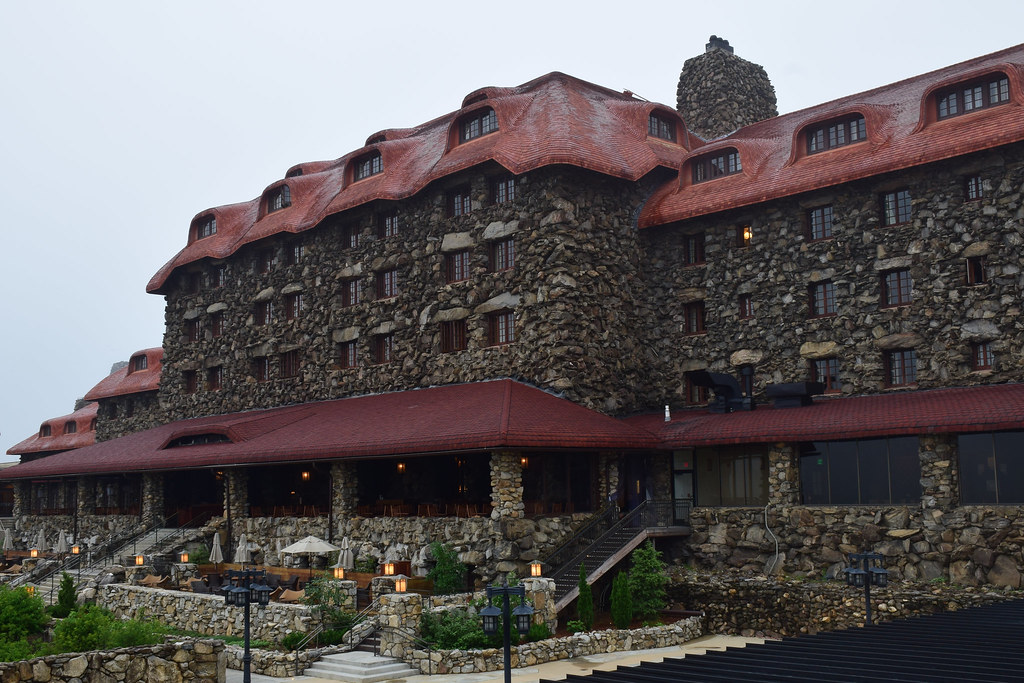 Backside of Grove Park Inn with Sunset Terrace in the mist