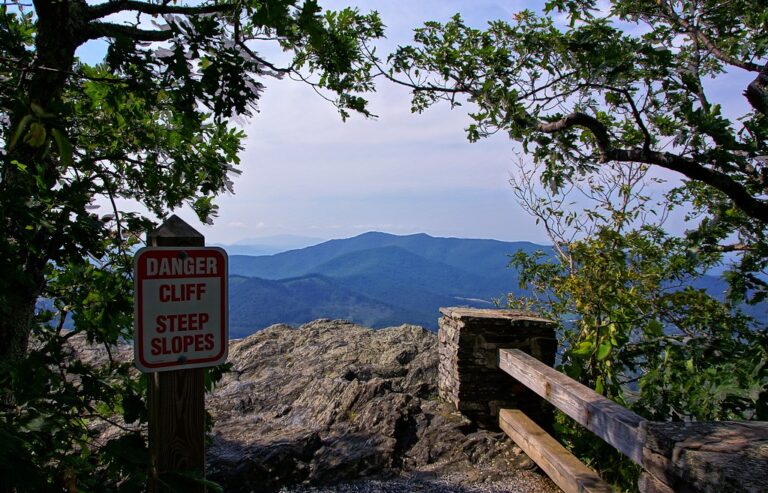 'Danger - Cliff - Steep Slopes' sign atop Mount Jefferson, NC