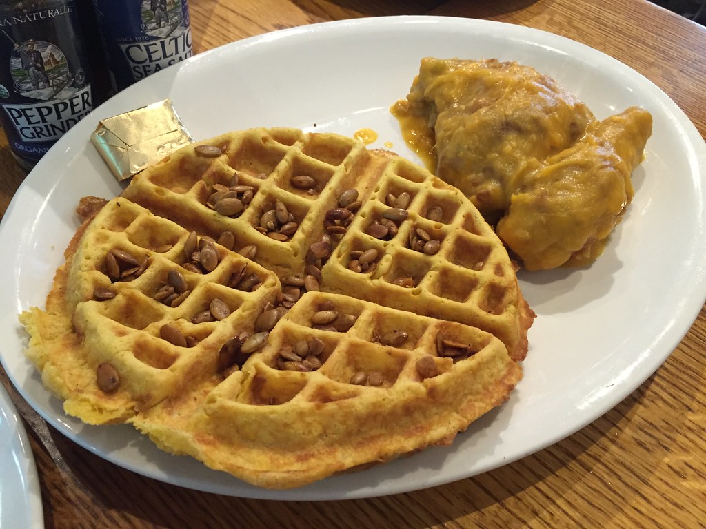 Pumpkin Waffle with Pumpkin Seed and Habanero-Sweet Potato Fried Chicken